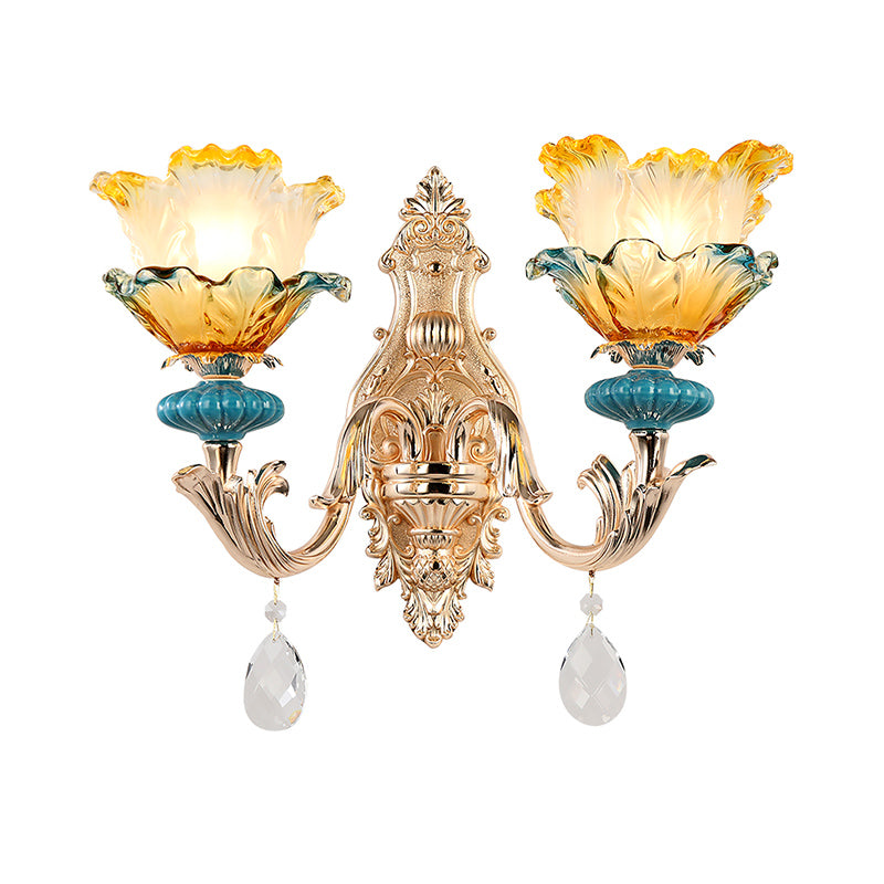 Flower Wall Light Fixture Modernism Amber and Blue Glass 1/2 Heads Brass Sconce Light Clearhalo 'Cast Iron' 'Glass' 'Industrial' 'Modern wall lights' 'Modern' 'Tiffany' 'Traditional wall lights' 'Wall Lamps & Sconces' 'Wall Lights' Lighting' 261248