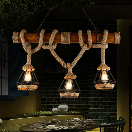 3-Light Hemp Rope Island Pendant Countryside Beige Shaded Restaurant Suspension Light Clearhalo 'Ceiling Lights' 'Island Lights' 'Lighting' 2612545