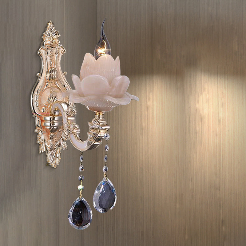 Lotus Wall Light Fixture Modernism Milky Glass 1/2 Heads Brass Sconce Light with Teardrop Crystal Accent Clearhalo 'Cast Iron' 'Glass' 'Industrial' 'Modern wall lights' 'Modern' 'Tiffany' 'Traditional wall lights' 'Wall Lamps & Sconces' 'Wall Lights' Lighting' 261265