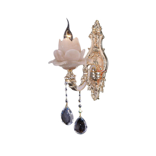 Lotus Wall Light Fixture Modernism Milky Glass 1/2 Heads Brass Sconce Light with Teardrop Crystal Accent Clearhalo 'Cast Iron' 'Glass' 'Industrial' 'Modern wall lights' 'Modern' 'Tiffany' 'Traditional wall lights' 'Wall Lamps & Sconces' 'Wall Lights' Lighting' 261267