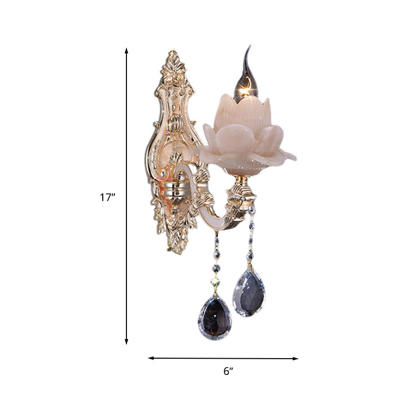 Lotus Wall Light Fixture Modernism Milky Glass 1/2 Heads Brass Sconce Light with Teardrop Crystal Accent Clearhalo 'Cast Iron' 'Glass' 'Industrial' 'Modern wall lights' 'Modern' 'Tiffany' 'Traditional wall lights' 'Wall Lamps & Sconces' 'Wall Lights' Lighting' 261268