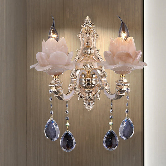Lotus Wall Light Fixture Modernism Milky Glass 1/2 Heads Brass Sconce Light with Teardrop Crystal Accent 2.0 Brass Clearhalo 'Cast Iron' 'Glass' 'Industrial' 'Modern wall lights' 'Modern' 'Tiffany' 'Traditional wall lights' 'Wall Lamps & Sconces' 'Wall Lights' Lighting' 261269