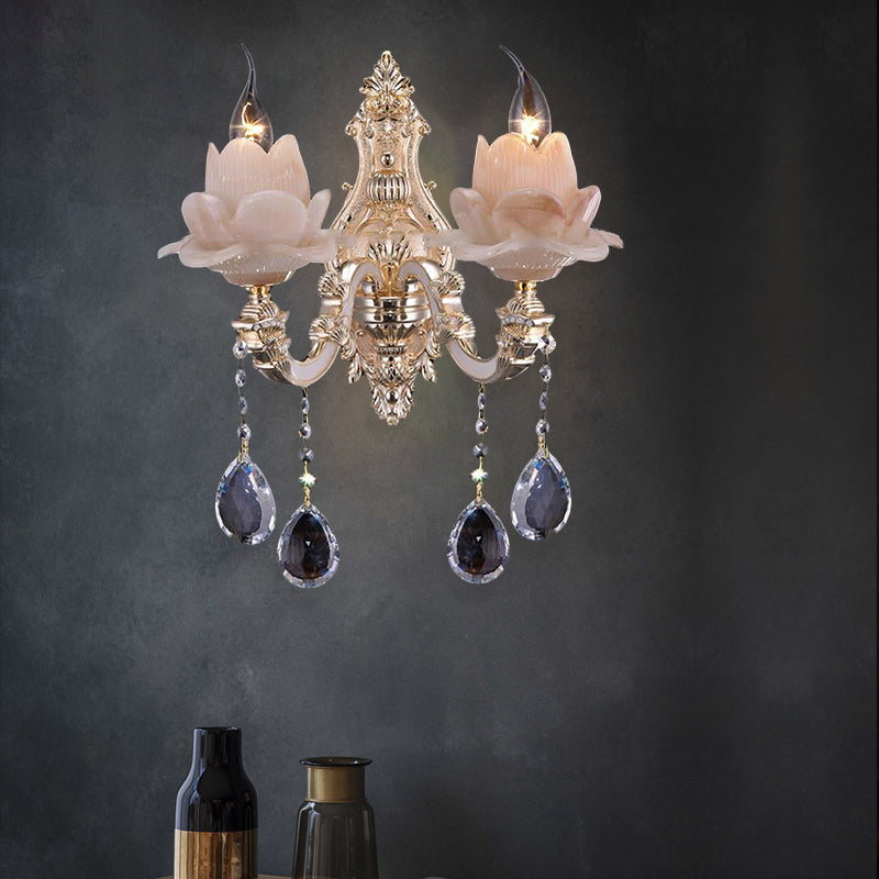 Lotus Wall Light Fixture Modernism Milky Glass 1/2 Heads Brass Sconce Light with Teardrop Crystal Accent Clearhalo 'Cast Iron' 'Glass' 'Industrial' 'Modern wall lights' 'Modern' 'Tiffany' 'Traditional wall lights' 'Wall Lamps & Sconces' 'Wall Lights' Lighting' 261270