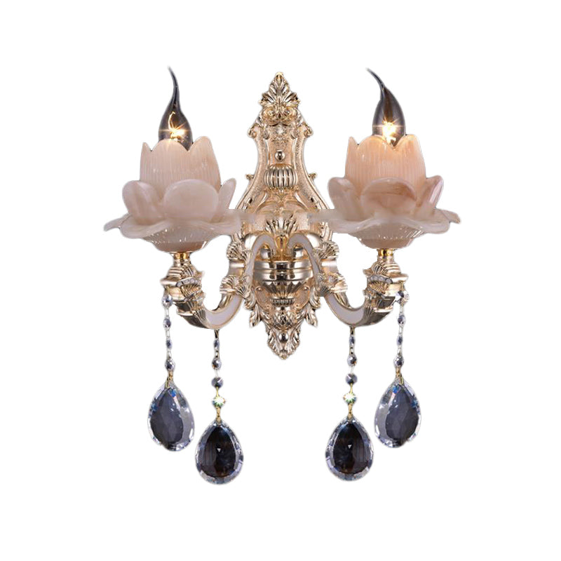 Lotus Wall Light Fixture Modernism Milky Glass 1/2 Heads Brass Sconce Light with Teardrop Crystal Accent Clearhalo 'Cast Iron' 'Glass' 'Industrial' 'Modern wall lights' 'Modern' 'Tiffany' 'Traditional wall lights' 'Wall Lamps & Sconces' 'Wall Lights' Lighting' 261271