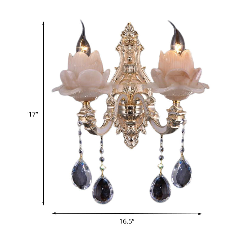 Lotus Wall Light Fixture Modernism Milky Glass 1/2 Heads Brass Sconce Light with Teardrop Crystal Accent Clearhalo 'Cast Iron' 'Glass' 'Industrial' 'Modern wall lights' 'Modern' 'Tiffany' 'Traditional wall lights' 'Wall Lamps & Sconces' 'Wall Lights' Lighting' 261272