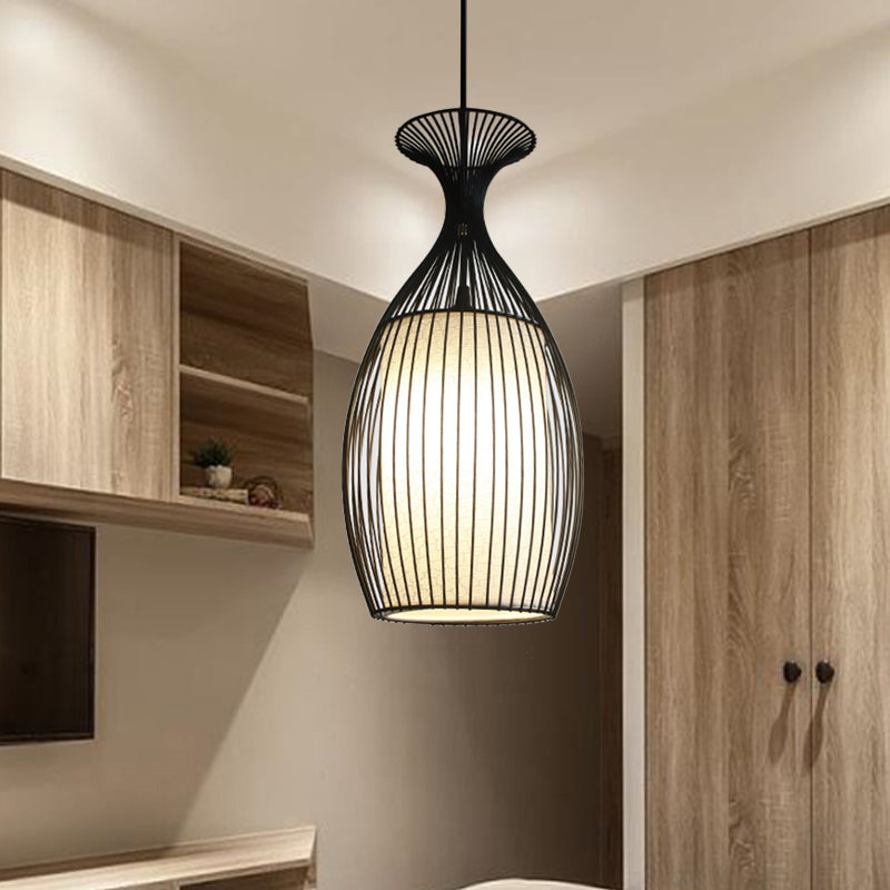 1 Light Round/Oval/Lantern Ceiling Suspension Lamp Classic Black Fabric Pendant Light Fixture for Dining Room Clearhalo 'Ceiling Lights' 'Pendant Lights' 'Pendants' Lighting' 261273