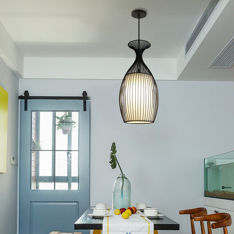 1 Light Round/Oval/Lantern Ceiling Suspension Lamp Classic Black Fabric Pendant Light Fixture for Dining Room Clearhalo 'Ceiling Lights' 'Pendant Lights' 'Pendants' Lighting' 261274