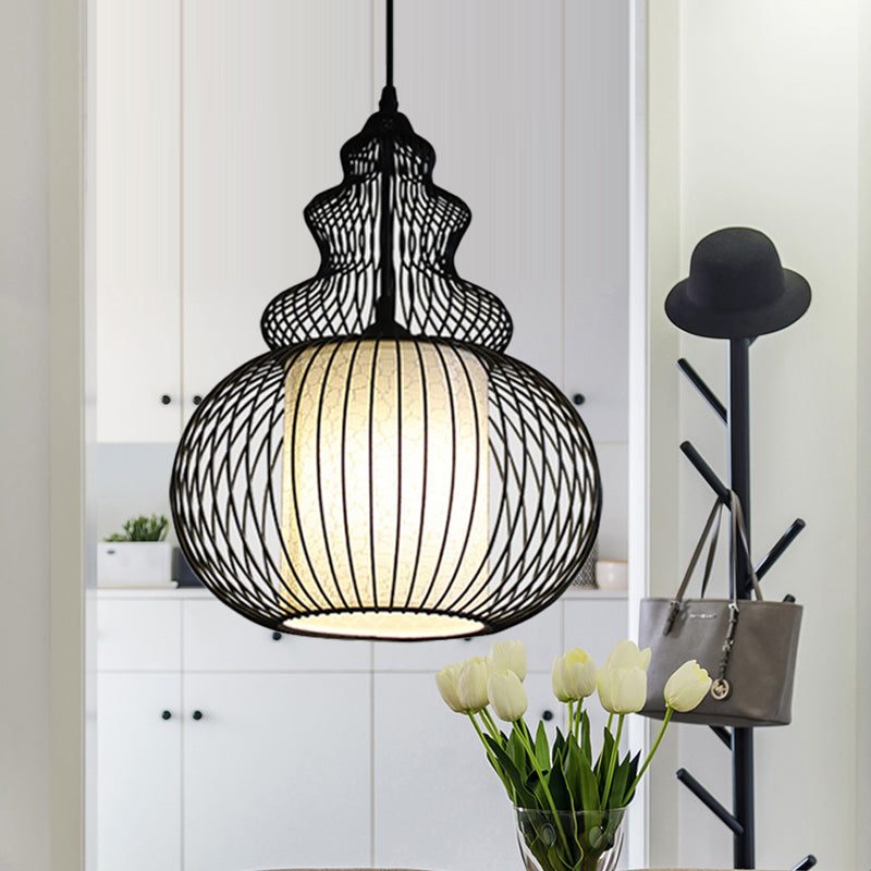 1 Light Round/Oval/Lantern Ceiling Suspension Lamp Classic Black Fabric Pendant Light Fixture for Dining Room Clearhalo 'Ceiling Lights' 'Pendant Lights' 'Pendants' Lighting' 261283