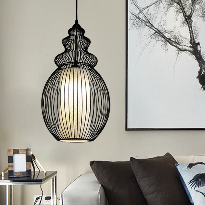 1 Light Round/Oval/Lantern Ceiling Suspension Lamp Classic Black Fabric Pendant Light Fixture for Dining Room Clearhalo 'Ceiling Lights' 'Pendant Lights' 'Pendants' Lighting' 261288