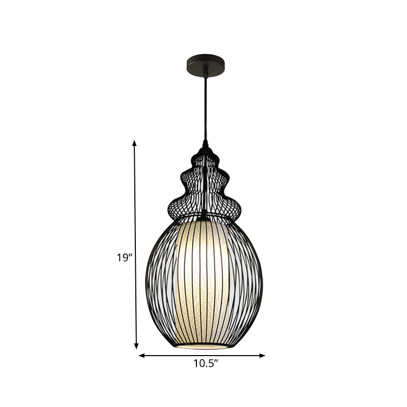 1 Light Round/Oval/Lantern Ceiling Suspension Lamp Classic Black Fabric Pendant Light Fixture for Dining Room Clearhalo 'Ceiling Lights' 'Pendant Lights' 'Pendants' Lighting' 261292