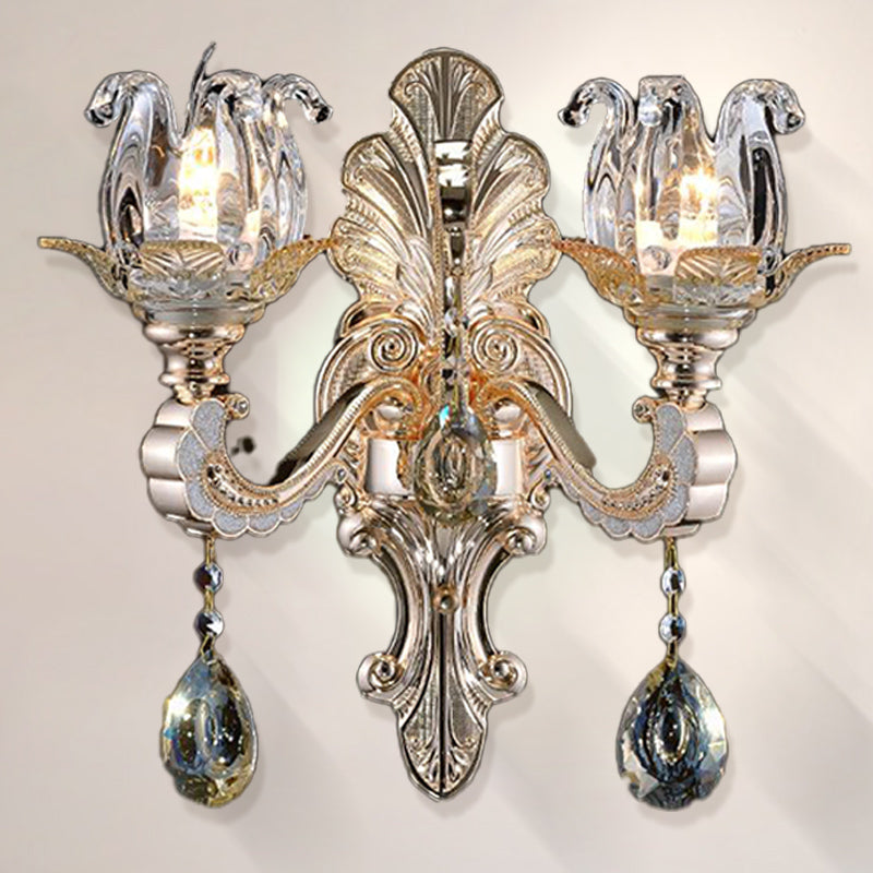 Clear Glass Floral Sconce Light Fixture Contemporary 1/2 Heads Wall Mounted Light with Crystal Drop 2.0 Clear Clearhalo 'Cast Iron' 'Glass' 'Industrial' 'Modern wall lights' 'Modern' 'Tiffany' 'Traditional wall lights' 'Wall Lamps & Sconces' 'Wall Lights' Lighting' 261293