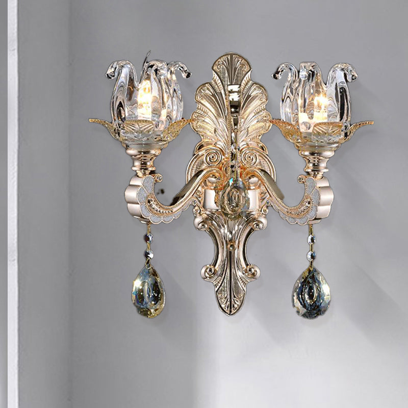 Clear Glass Floral Sconce Light Fixture Contemporary 1/2 Heads Wall Mounted Light with Crystal Drop Clearhalo 'Cast Iron' 'Glass' 'Industrial' 'Modern wall lights' 'Modern' 'Tiffany' 'Traditional wall lights' 'Wall Lamps & Sconces' 'Wall Lights' Lighting' 261294