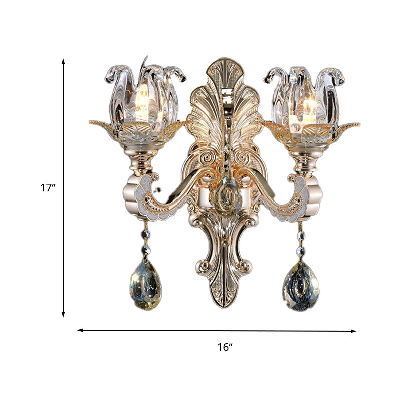 Clear Glass Floral Sconce Light Fixture Contemporary 1/2 Heads Wall Mounted Light with Crystal Drop Clearhalo 'Cast Iron' 'Glass' 'Industrial' 'Modern wall lights' 'Modern' 'Tiffany' 'Traditional wall lights' 'Wall Lamps & Sconces' 'Wall Lights' Lighting' 261296