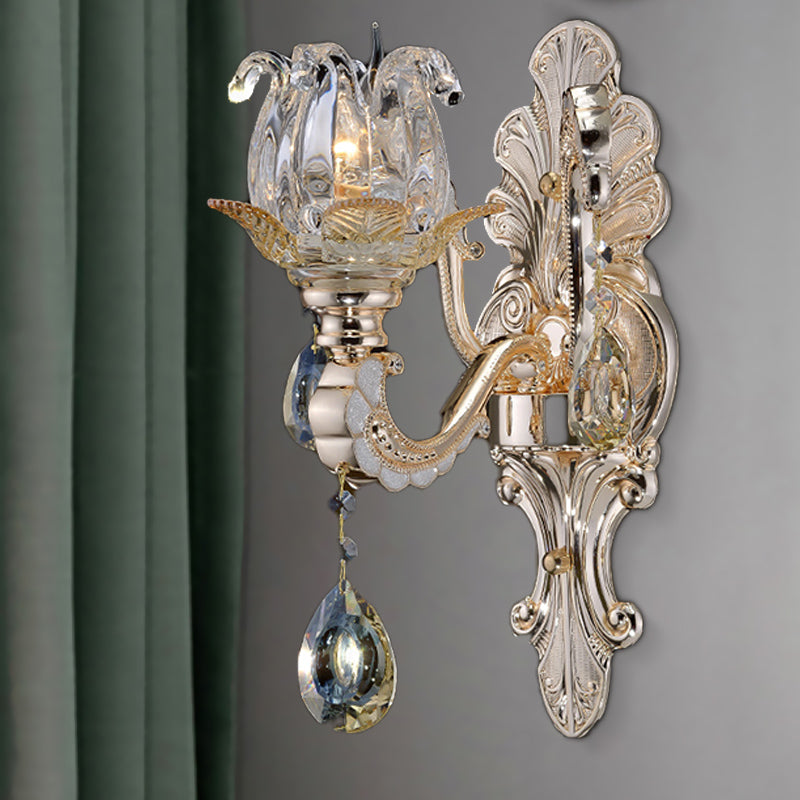 Clear Glass Floral Sconce Light Fixture Contemporary 1/2 Heads Wall Mounted Light with Crystal Drop 1.0 Clear Clearhalo 'Cast Iron' 'Glass' 'Industrial' 'Modern wall lights' 'Modern' 'Tiffany' 'Traditional wall lights' 'Wall Lamps & Sconces' 'Wall Lights' Lighting' 261297