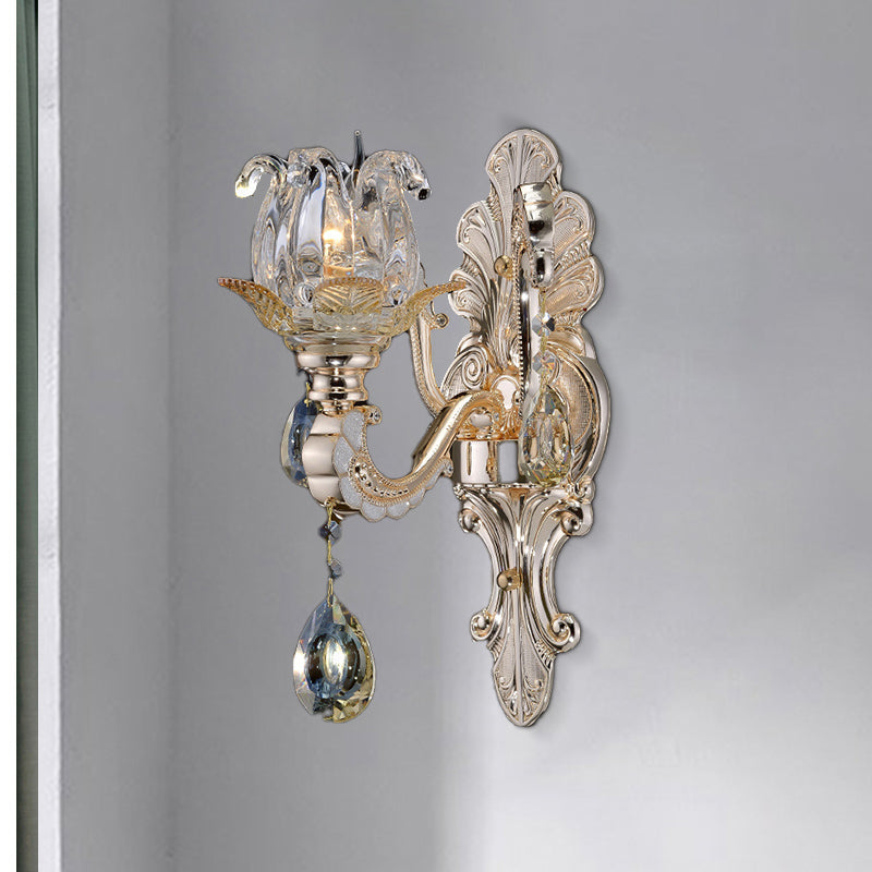 Clear Glass Floral Sconce Light Fixture Contemporary 1/2 Heads Wall Mounted Light with Crystal Drop Clearhalo 'Cast Iron' 'Glass' 'Industrial' 'Modern wall lights' 'Modern' 'Tiffany' 'Traditional wall lights' 'Wall Lamps & Sconces' 'Wall Lights' Lighting' 261298