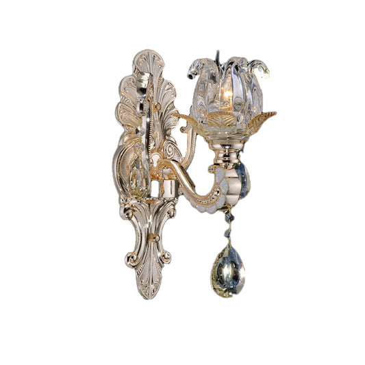 Clear Glass Floral Sconce Light Fixture Contemporary 1/2 Heads Wall Mounted Light with Crystal Drop Clearhalo 'Cast Iron' 'Glass' 'Industrial' 'Modern wall lights' 'Modern' 'Tiffany' 'Traditional wall lights' 'Wall Lamps & Sconces' 'Wall Lights' Lighting' 261299