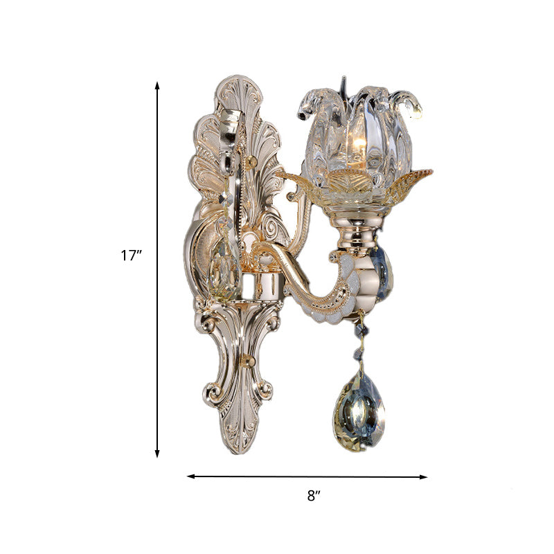 Clear Glass Floral Sconce Light Fixture Contemporary 1/2 Heads Wall Mounted Light with Crystal Drop Clearhalo 'Cast Iron' 'Glass' 'Industrial' 'Modern wall lights' 'Modern' 'Tiffany' 'Traditional wall lights' 'Wall Lamps & Sconces' 'Wall Lights' Lighting' 261300