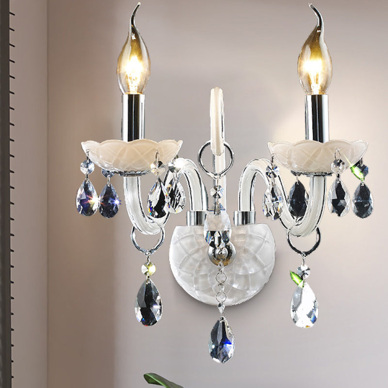 Modern Candelabra Wall Light Fixture White Glass 1/2 Heads Living Room Sconce Light with Teardrop Crystal Decoration 2.0 White Clearhalo 'Cast Iron' 'Glass' 'Industrial' 'Modern wall lights' 'Modern' 'Tiffany' 'Traditional wall lights' 'Wall Lamps & Sconces' 'Wall Lights' Lighting' 261301