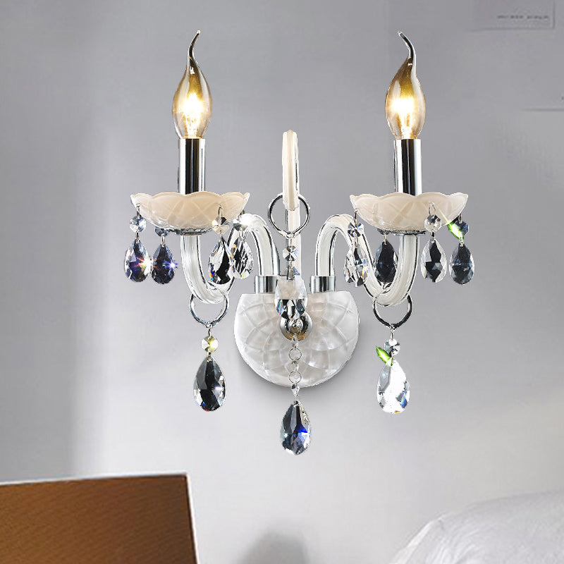 Modern Candelabra Wall Light Fixture White Glass 1/2 Heads Living Room Sconce Light with Teardrop Crystal Decoration Clearhalo 'Cast Iron' 'Glass' 'Industrial' 'Modern wall lights' 'Modern' 'Tiffany' 'Traditional wall lights' 'Wall Lamps & Sconces' 'Wall Lights' Lighting' 261302