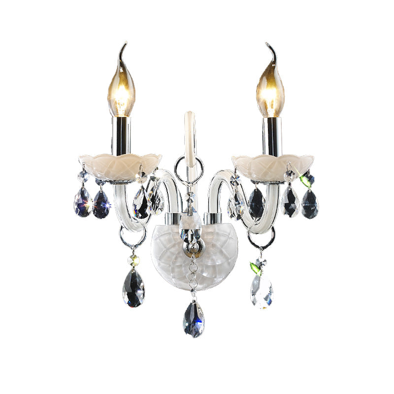 Modern Candelabra Wall Light Fixture White Glass 1/2 Heads Living Room Sconce Light with Teardrop Crystal Decoration Clearhalo 'Cast Iron' 'Glass' 'Industrial' 'Modern wall lights' 'Modern' 'Tiffany' 'Traditional wall lights' 'Wall Lamps & Sconces' 'Wall Lights' Lighting' 261303