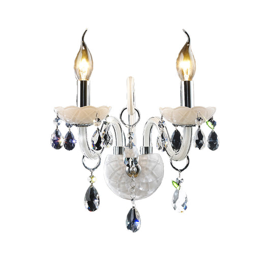 Modern Candelabra Wall Light Fixture White Glass 1/2 Heads Living Room Sconce Light with Teardrop Crystal Decoration Clearhalo 'Cast Iron' 'Glass' 'Industrial' 'Modern wall lights' 'Modern' 'Tiffany' 'Traditional wall lights' 'Wall Lamps & Sconces' 'Wall Lights' Lighting' 261303