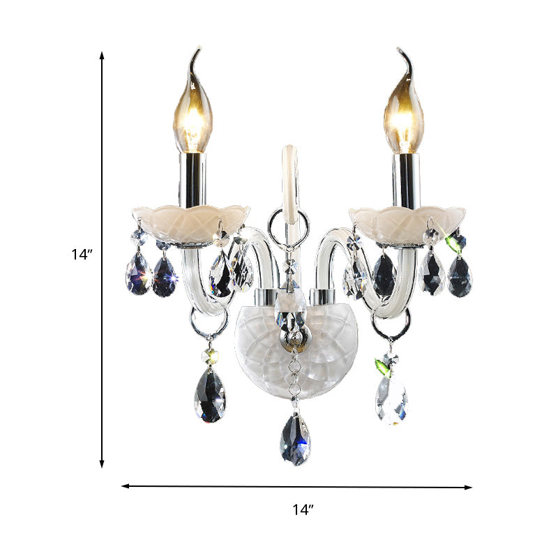 Modern Candelabra Wall Light Fixture White Glass 1/2 Heads Living Room Sconce Light with Teardrop Crystal Decoration Clearhalo 'Cast Iron' 'Glass' 'Industrial' 'Modern wall lights' 'Modern' 'Tiffany' 'Traditional wall lights' 'Wall Lamps & Sconces' 'Wall Lights' Lighting' 261304