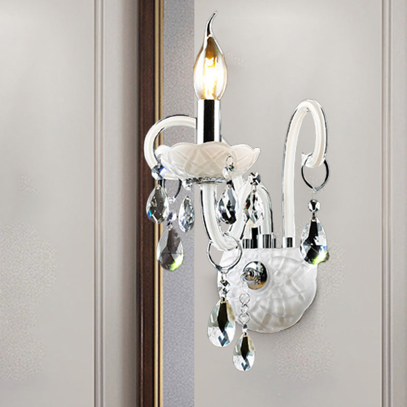 Modern Candelabra Wall Light Fixture White Glass 1/2 Heads Living Room Sconce Light with Teardrop Crystal Decoration Clearhalo 'Cast Iron' 'Glass' 'Industrial' 'Modern wall lights' 'Modern' 'Tiffany' 'Traditional wall lights' 'Wall Lamps & Sconces' 'Wall Lights' Lighting' 261305
