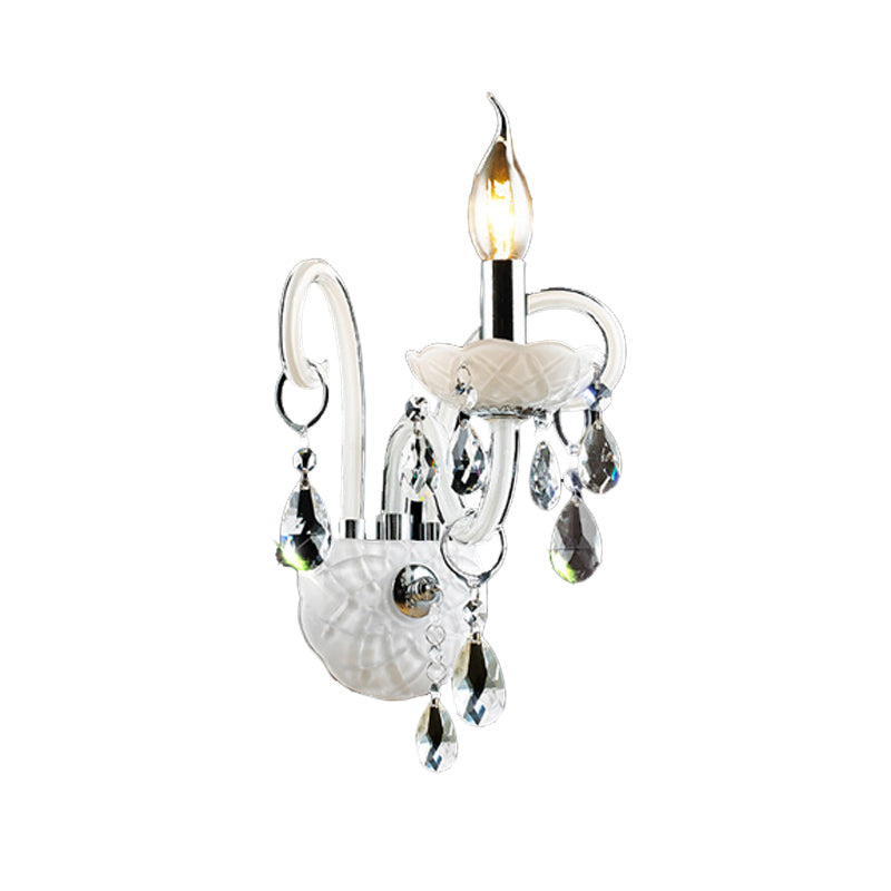 Modern Candelabra Wall Light Fixture White Glass 1/2 Heads Living Room Sconce Light with Teardrop Crystal Decoration Clearhalo 'Cast Iron' 'Glass' 'Industrial' 'Modern wall lights' 'Modern' 'Tiffany' 'Traditional wall lights' 'Wall Lamps & Sconces' 'Wall Lights' Lighting' 261307