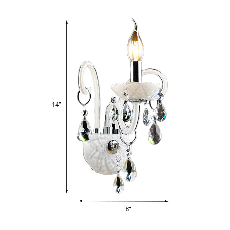 Modern Candelabra Wall Light Fixture White Glass 1/2 Heads Living Room Sconce Light with Teardrop Crystal Decoration Clearhalo 'Cast Iron' 'Glass' 'Industrial' 'Modern wall lights' 'Modern' 'Tiffany' 'Traditional wall lights' 'Wall Lamps & Sconces' 'Wall Lights' Lighting' 261308