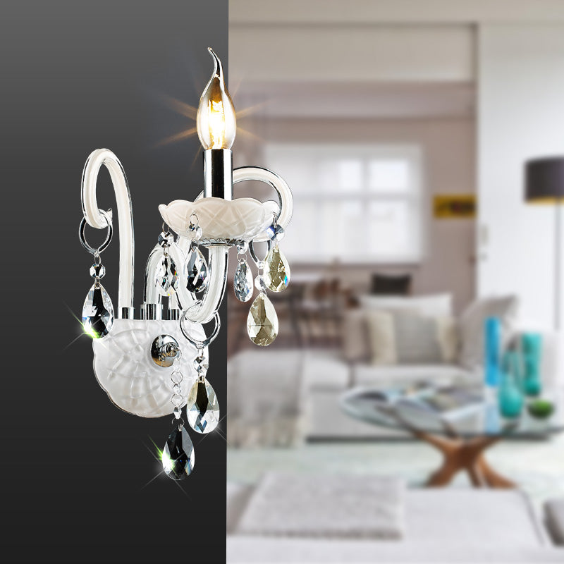 Modern Candelabra Wall Light Fixture White Glass 1/2 Heads Living Room Sconce Light with Teardrop Crystal Decoration 1.0 White Clearhalo 'Cast Iron' 'Glass' 'Industrial' 'Modern wall lights' 'Modern' 'Tiffany' 'Traditional wall lights' 'Wall Lamps & Sconces' 'Wall Lights' Lighting' 261309