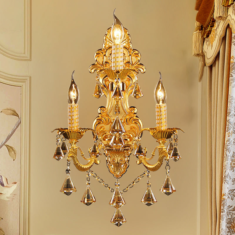 Gold Candelabra Wall Mount Light Traditional Metal 3 Heads Bedroom Sconce Light with Diamond Shape Crystal Decoration Gold Clearhalo 'Wall Lamps & Sconces' 'Wall Lights' Lighting' 261340