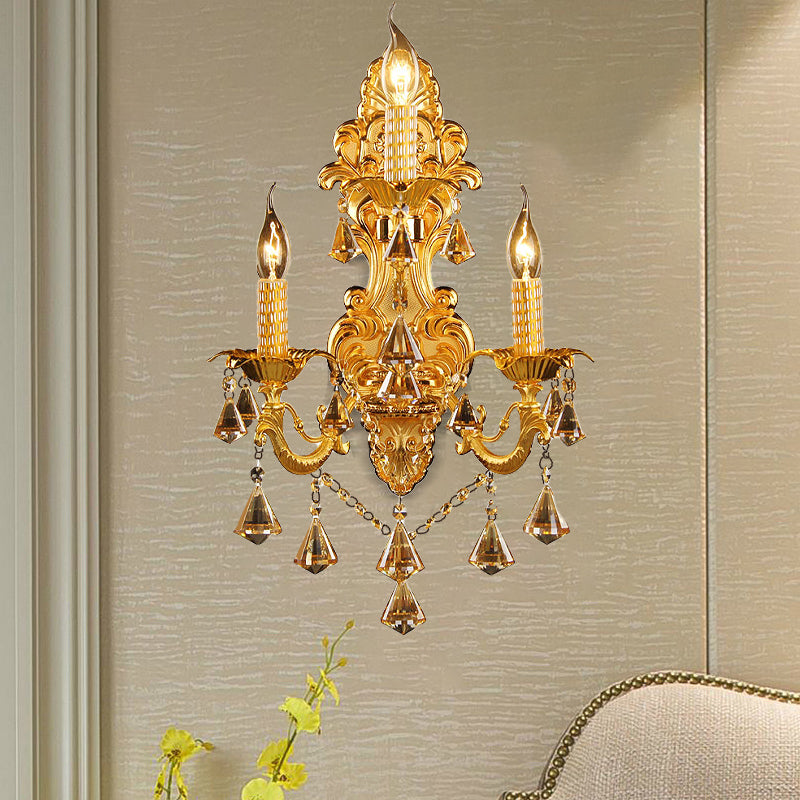 Gold Candelabra Wall Mount Light Traditional Metal 3 Heads Bedroom Sconce Light with Diamond Shape Crystal Decoration Clearhalo 'Wall Lamps & Sconces' 'Wall Lights' Lighting' 261341