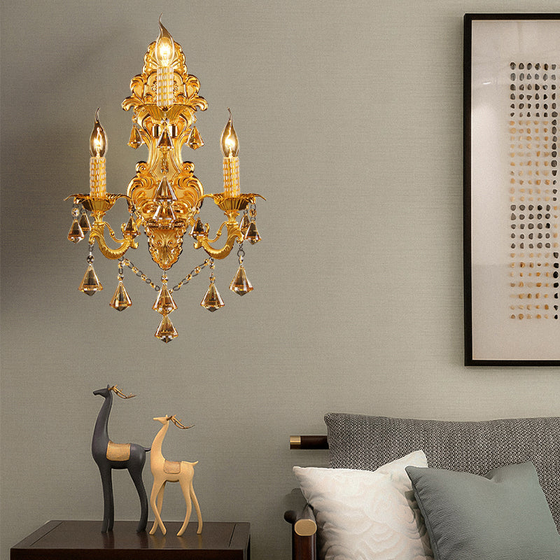 Gold Candelabra Wall Mount Light Traditional Metal 3 Heads Bedroom Sconce Light with Diamond Shape Crystal Decoration Clearhalo 'Wall Lamps & Sconces' 'Wall Lights' Lighting' 261342