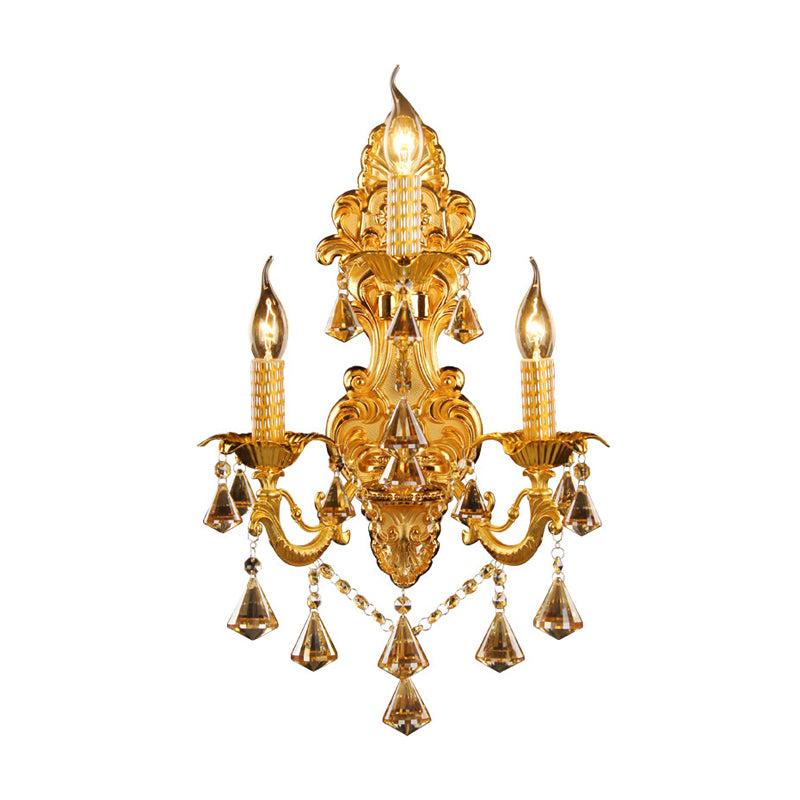 Gold Candelabra Wall Mount Light Traditional Metal 3 Heads Bedroom Sconce Light with Diamond Shape Crystal Decoration Clearhalo 'Wall Lamps & Sconces' 'Wall Lights' Lighting' 261343