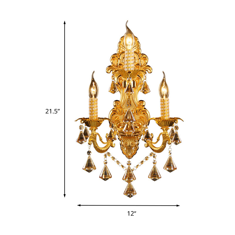 Gold Candelabra Wall Mount Light Traditional Metal 3 Heads Bedroom Sconce Light with Diamond Shape Crystal Decoration Clearhalo 'Wall Lamps & Sconces' 'Wall Lights' Lighting' 261344