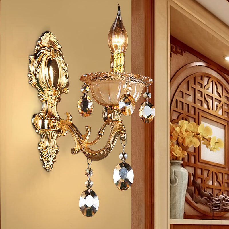 Brass Candle Wall Mounted Light Traditional Metal 1 Head Dining Room Sconce Light with Beveled Crystal Drop Clearhalo 'Wall Lamps & Sconces' 'Wall Lights' Lighting' 261346