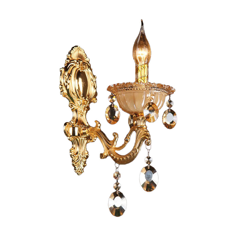 Brass Candle Wall Mounted Light Traditional Metal 1 Head Dining Room Sconce Light with Beveled Crystal Drop Clearhalo 'Wall Lamps & Sconces' 'Wall Lights' Lighting' 261348