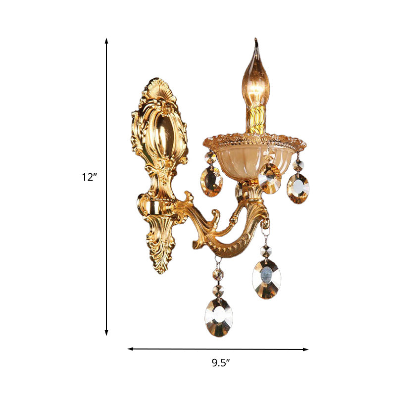 Brass Candle Wall Mounted Light Traditional Metal 1 Head Dining Room Sconce Light with Beveled Crystal Drop Clearhalo 'Wall Lamps & Sconces' 'Wall Lights' Lighting' 261349