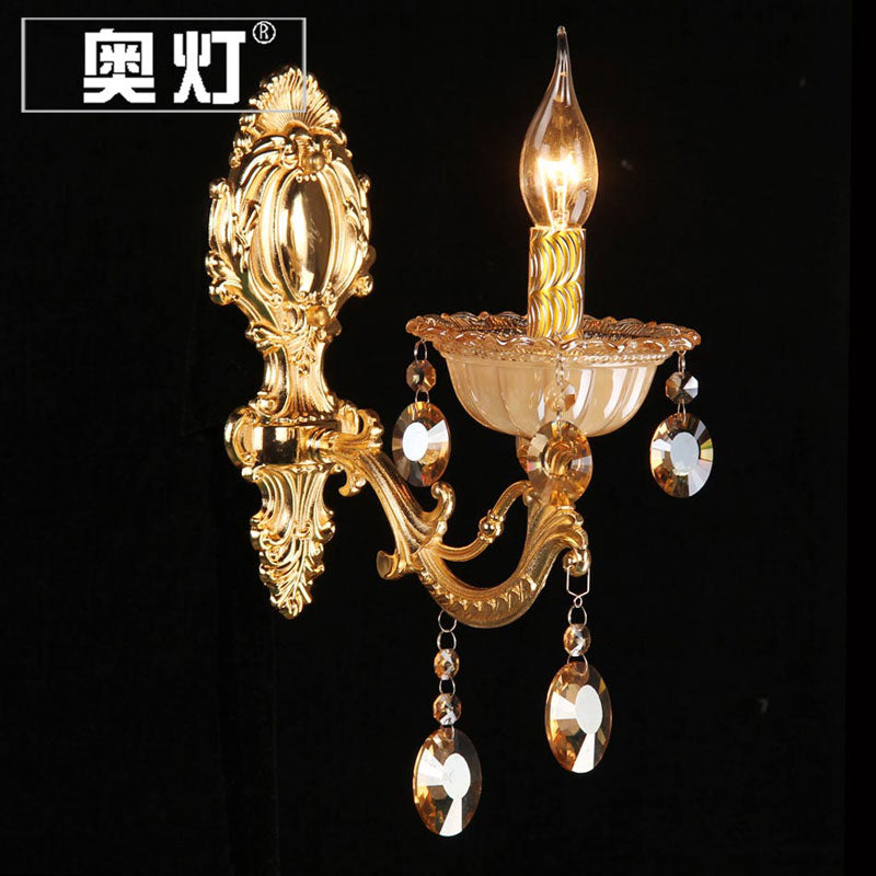 Brass Candle Wall Mounted Light Traditional Metal 1 Head Dining Room Sconce Light with Beveled Crystal Drop Brass Clearhalo 'Wall Lamps & Sconces' 'Wall Lights' Lighting' 261351