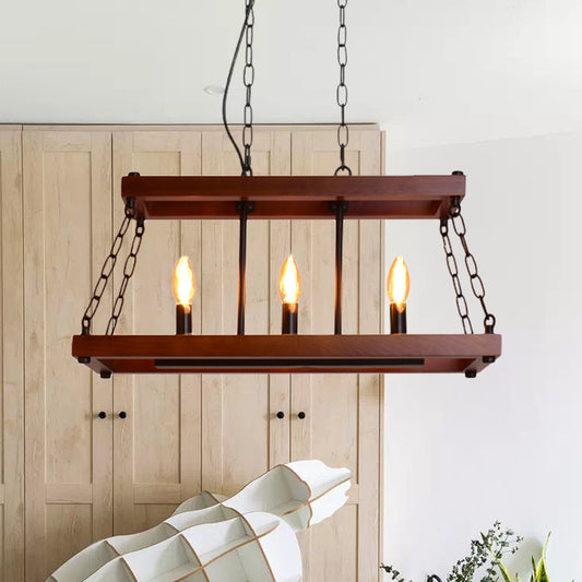 Trapezoid Wood Hanging Pendant Light Vintage 3/5 Lights Dining Room Island Lighting Fixture in Brown 3 Wood Clearhalo 'Ceiling Lights' 'Island Lights' Lighting' 261352