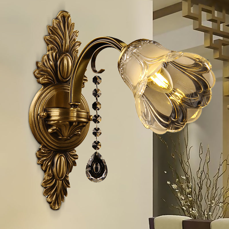 Flower Frosted Glass Wall Mount Light Traditional 1 Head Bedroom Sconce Light Fixture in Brass Brass Clearhalo 'Wall Lamps & Sconces' 'Wall Lights' Lighting' 261371