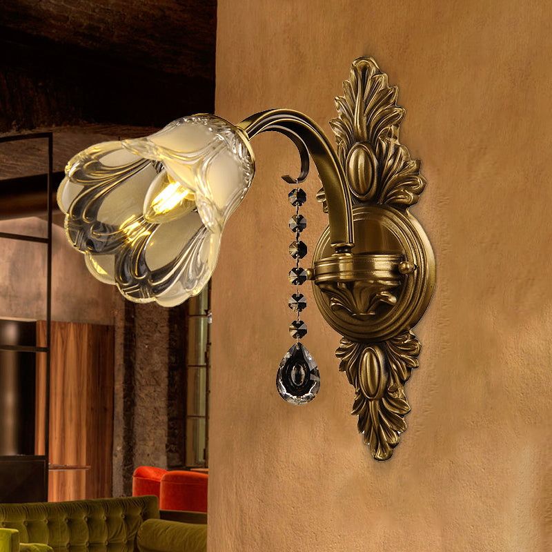 Flower Frosted Glass Wall Mount Light Traditional 1 Head Bedroom Sconce Light Fixture in Brass Clearhalo 'Wall Lamps & Sconces' 'Wall Lights' Lighting' 261372