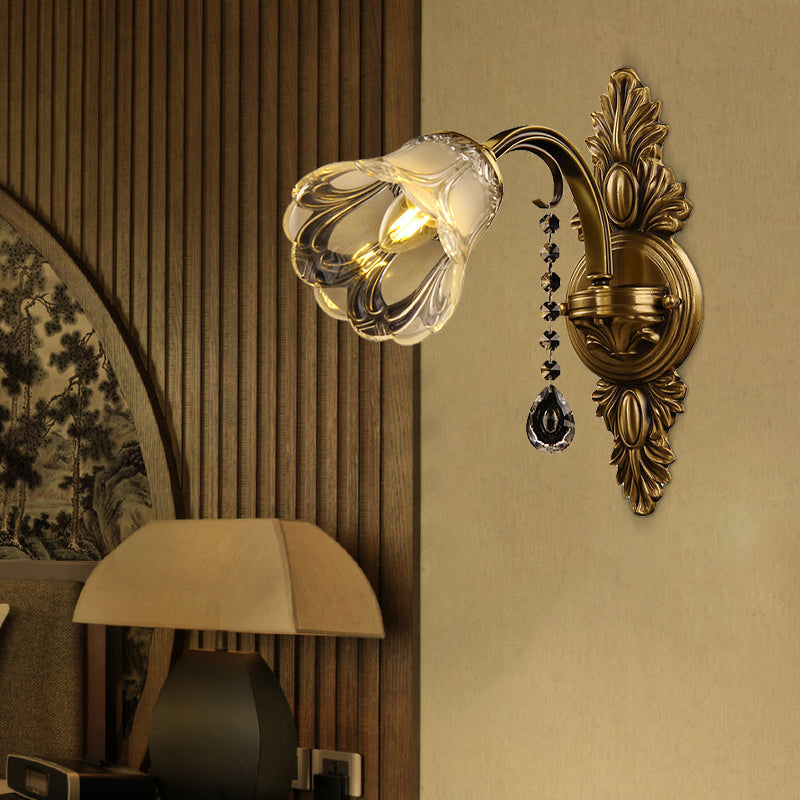 Flower Frosted Glass Wall Mount Light Traditional 1 Head Bedroom Sconce Light Fixture in Brass Clearhalo 'Wall Lamps & Sconces' 'Wall Lights' Lighting' 261373