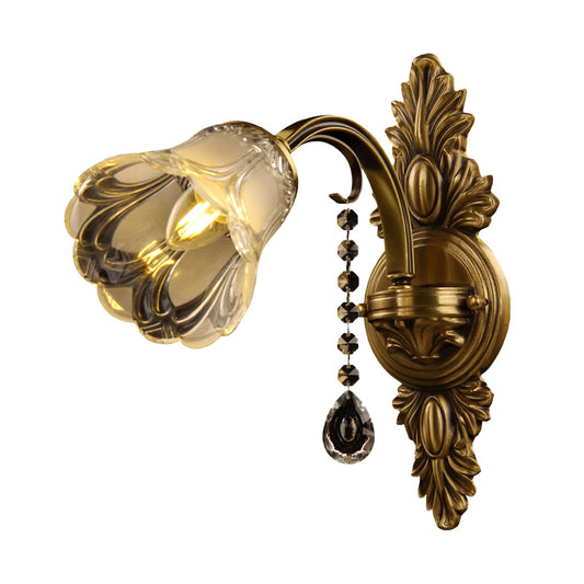 Flower Frosted Glass Wall Mount Light Traditional 1 Head Bedroom Sconce Light Fixture in Brass Clearhalo 'Wall Lamps & Sconces' 'Wall Lights' Lighting' 261374