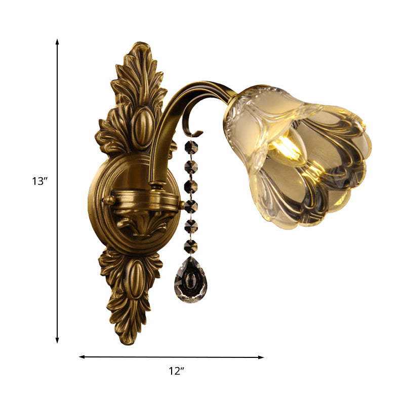 Flower Frosted Glass Wall Mount Light Traditional 1 Head Bedroom Sconce Light Fixture in Brass Clearhalo 'Wall Lamps & Sconces' 'Wall Lights' Lighting' 261375