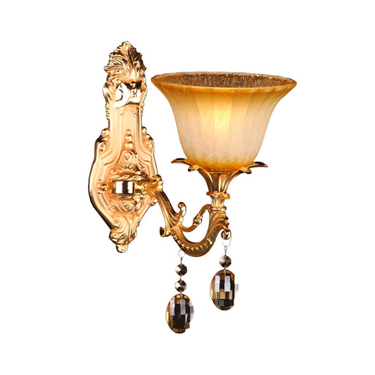 1 Head Amber Glass Sconce Light Traditional Brass Flower Bedroom Wall Mounted Light Clearhalo 'Wall Lamps & Sconces' 'Wall Lights' Lighting' 261379