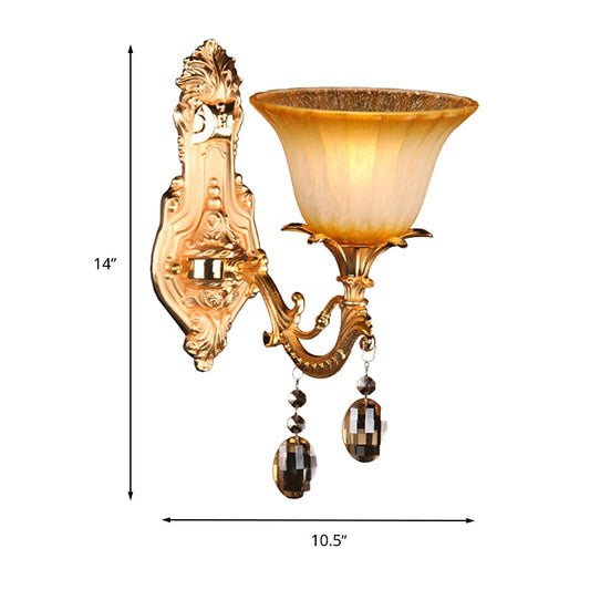1 Head Amber Glass Sconce Light Traditional Brass Flower Bedroom Wall Mounted Light Clearhalo 'Wall Lamps & Sconces' 'Wall Lights' Lighting' 261380