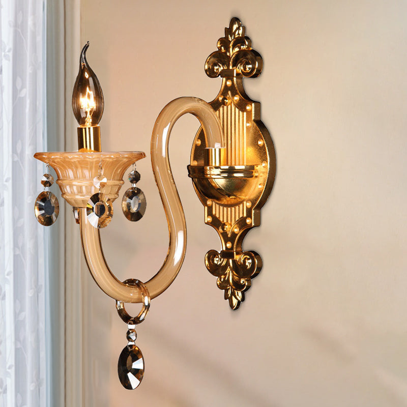 Curved Arm White Glass Wall Light Fixture Traditional 1 Head Living Room Sconce Light with Beveled Crystal Accent Brass Clearhalo 'Wall Lamps & Sconces' 'Wall Lights' Lighting' 261382