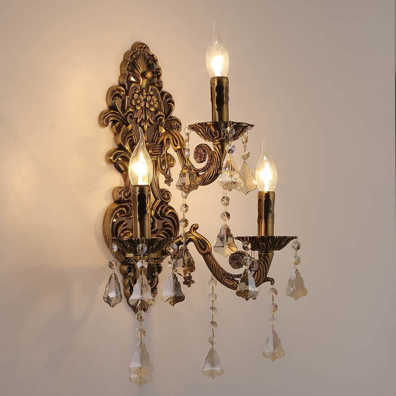 3 Heads Candle Wall Light Fixture Vintage Brass Metal Sconce Light with Crystal Drip Accent Brass Clearhalo 'Wall Lamps & Sconces' 'Wall Lights' Lighting' 261388