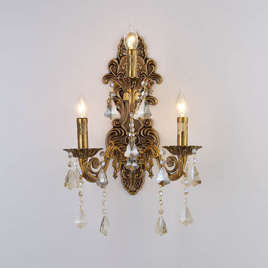 3 Heads Candle Wall Light Fixture Vintage Brass Metal Sconce Light with Crystal Drip Accent Clearhalo 'Wall Lamps & Sconces' 'Wall Lights' Lighting' 261389